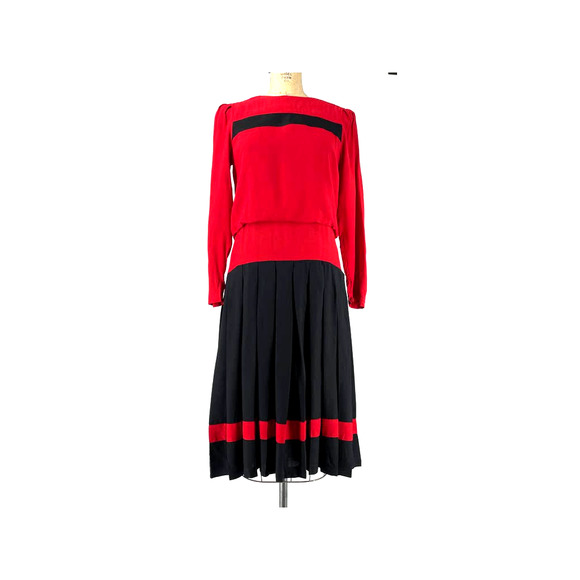 Diane Von Furstenberg Vintage Drop Waist Pleated Dress Red Black Size 8 - Picture 1 of 11